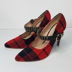 Scene Claudine red & black  plaid studded pumps